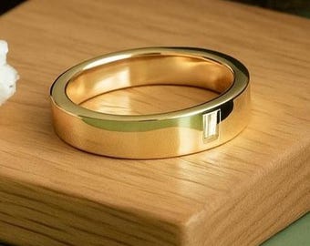 Baguette Cut Moissanite Wedding band, 18k Solid Gold Signet Wide Band Ring, Minimalist Stackable Diamond Promise Ring, Bridal Gift For Her