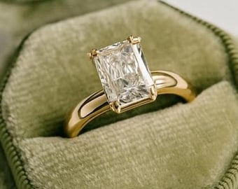 Emerald Cut Moissanite Engagement Ring: 14k Solid Gold Solitaire