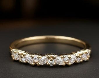 Vintage Marquise & Round Cut Moissanite Wedding Band, 18K Gold Engagement Band, Half Eternity Band, Anniversary Gift For Women, Bridal Ring