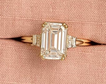 Vintage Emerald Cut Moissanite Engagement Ring, 14K Yellow Gold Baguette & Round Diamond Cluster Ring, Diamond Solitaire Ring, Gift For Her