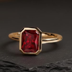 Emerald Cut Red Ruby Engagement Ring, 14k Solid Yellow Gold Bezel Set Solitaire Ring, Red Gemstone Bridal Promise Ring, Wedding Gift For Her
