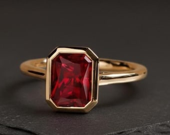 Emerald Cut Red Ruby Engagement Ring, 14k Solid Yellow Gold Bezel Set Solitaire Ring, Red Gemstone Bridal Promise Ring, Wedding Gift For Her