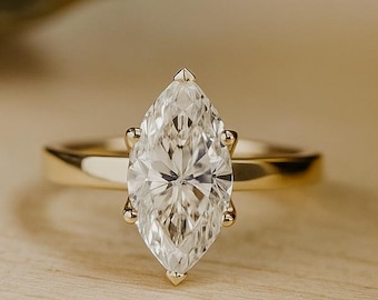 Anel de noivado de moissanita com lapidação marquise 3 quilates, anel de diamante solitário, anel de compromisso com haste de ouro maciço 14 quilates, anel de presente de aniversário de moissanita
