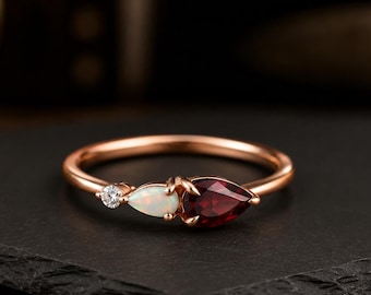 Vintage Garnet Opal Three Stone Ring, Rose Gold Minimalist Promise Ring, Marquise Red Gemstone Dainty Engagement Ring, Unique Stacking Ring