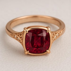 Vintage Art Deco Ruby Ring: Cushion Cut Lab-Created Stone, Diamond Accents