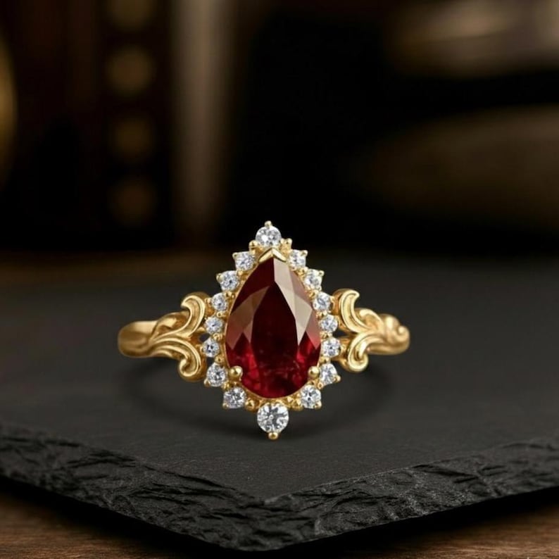 Antique Pear Cut Ruby Engagement Ring, 14K Solid Gold Twig Leaf Ruby Jewelry, Victorian Style Ruby Teardrop Ring With Diamond Accent Ring image 7