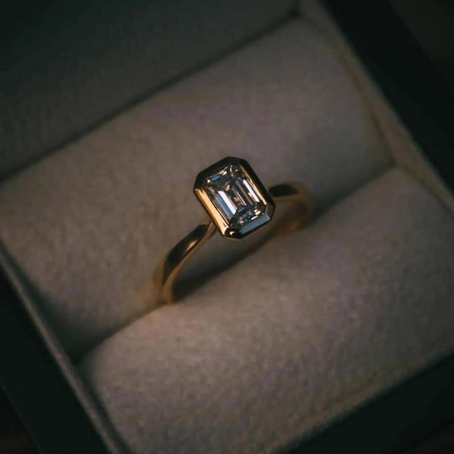 3 CT Emerald Cut Moissanite Engagement Ring: 14K Gold Bezel Solitaire