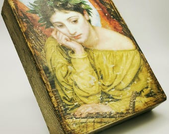 Bloque de recuerdos hecho a mano | Objeto de arte de madera y yeso + impresión | Pieza vintage única con aspecto antiguo [20x15x4 cm] - Bloque de fragmentos "Arcángel"