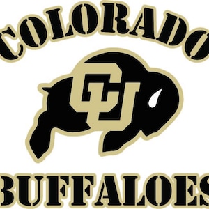 May include: A graphic featuring the words "COLORADO BUFFALOES" in a black and gold color scheme. The word "COLORADO" arches above a black buffalo silhouette with a gold "CU" logo.