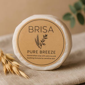 Puede incluir: Jabón redondo envuelto con una etiqueta marrón. La etiqueta dice "BRISA" encima de "PURE BREEZE". También se ve el texto "Jabón artesanal con avena y leche de arroz" y "Fórmula calmante para pieles sensibles". El jabón está envuelto en papel blanco.
