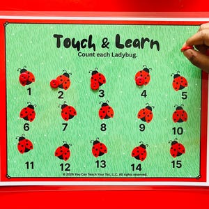 May include: A green educational board with the text "Touch & Learn" and "Count each Ladybug." Fifteen red ladybug images are numbered 1-15. A hand is placing a red ladybug on the board. The board is on a red background.