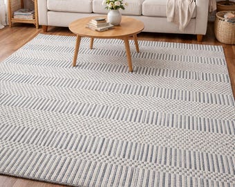 Handwoven Chunky Wool Area Rug | Blue & Cream Striped, Coastal Modern