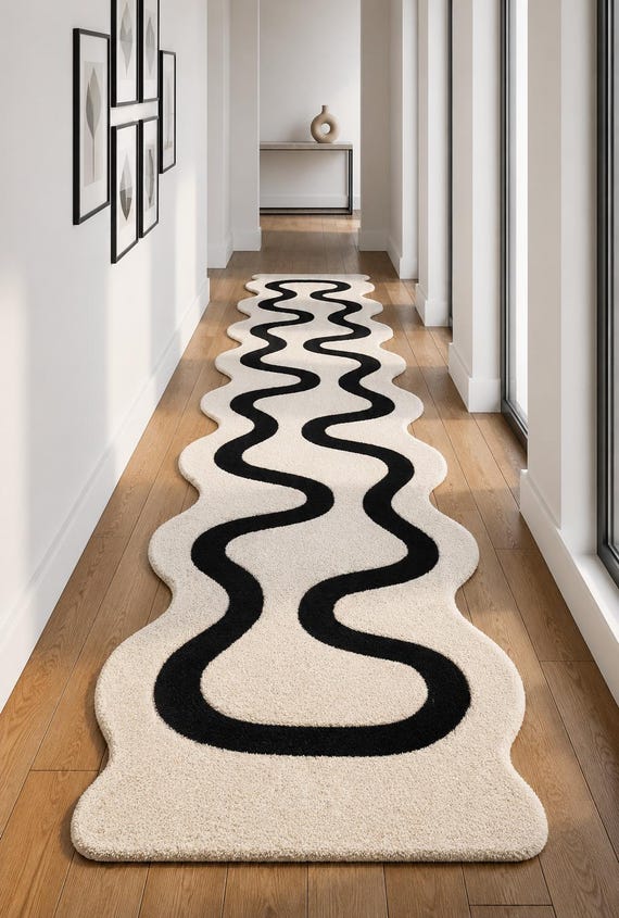 Mid Century Modern Teppichläufer, Wellenförmiger Läufer, Teppich Schwarz Weiß, Neuseeland Wolle