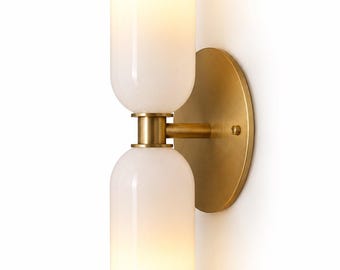 Handcrafted Brass Wall Sconce, Dual Opal Glass, Mid Century Modern Lighting Fixture