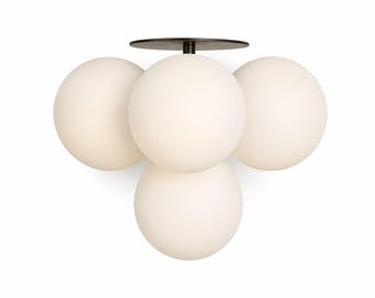 Handmade Brass Globe Flush Mount Light| Mid-Century Modern Opal Glass Ceiling Fixture