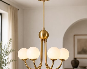 Handcrafted Brass Globe Chandelier | Mid Century Modern| 4-Light Opal Glass Ceiling Light