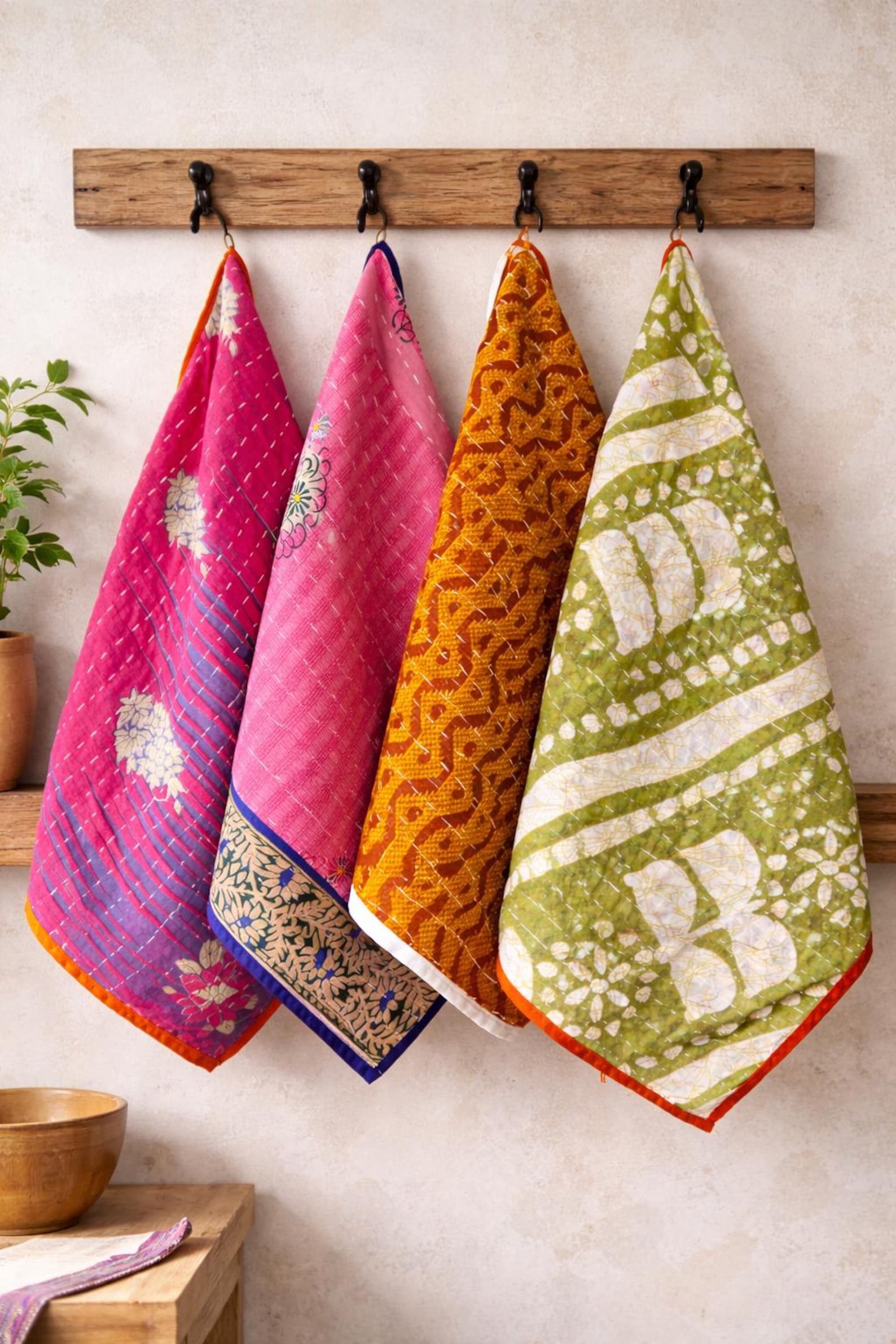 Vintage Kantha Tea Towels 5 Pcs – Handmade Cotton Kitchen Cloth, Boho Farmhouse Decor