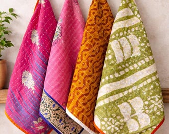 Paños de cocina vintage Kantha (5 unidades): paños de cocina de algodón hechos a mano, decoración bohemia de estilo rústico.