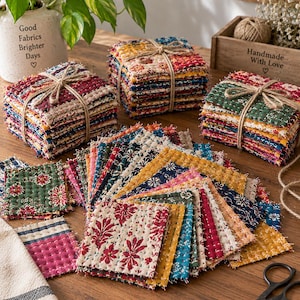 May include: A collection of square fabric patches featuring various floral and geometric patterns in red, blue, yellow, and green. The patches are arranged in three neat stacks tied with twine and a scattered fan of individual pieces with frayed edges.