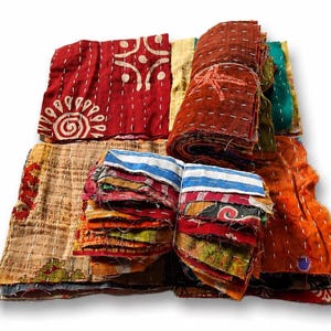 20 pcs Vintage Kantha Quilt Scraps Bundle, Handmade Recycled Cotton Fabric Pieces for Sewing, Patchwork, Slow Stitch, DIY Craft Fabric