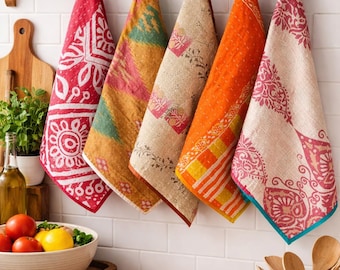 Juego de paños de cocina Boho Kantha de 5 piezas, paños de cocina de algodón hechos a mano, tela Kantha vintage, paños de cocina coloridos, decoración de cocina rústica