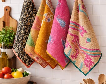 Paños de cocina Kantha vintage, toallas de cocina de algodón hechas a mano, juego de paños de cocina bohemios de 5 piezas, tela Kantha reciclada, regalo de cocina ecológico