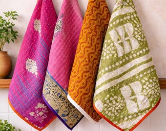 Juego de 5 paños de cocina vintage Kantha: paños de cocina de algodón hechos a mano, decoración de cocina bohemia, paños de cocina bohemios, toalla de algodón hecha a mano.