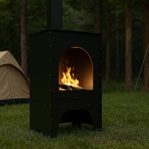 May include: A black outdoor fireplace with a burning fire. The fireplace has an arched opening and a chimney. A tent and a tarp are in the background, suggesting a camping or outdoor setting.