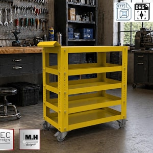 May include: A bright yellow metal utility cart with four shelves and caster wheels. The cart has a handle on top and is designed for workshop or garage use. The cart is shown in a workshop setting with tools and equipment visible in the background.