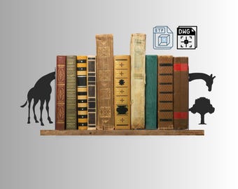 May include: A collection of antique books with various colors and textures, arranged on a wooden shelf. Silhouettes of a giraffe and a tree are placed on either side of the books. Two icons are also present.