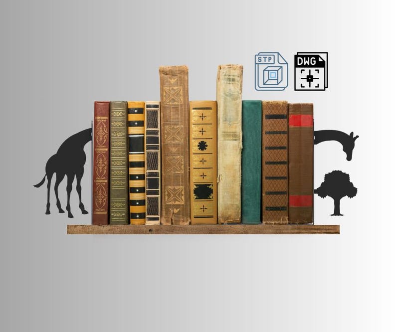 May include: A collection of antique books with various colors and textures, arranged on a wooden shelf. Silhouettes of a giraffe and a tree are placed on either side of the books. Two icons are also present.