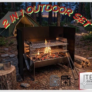 Puede incluir: Un juego para exteriores 2 en 1 con una parrilla de metal y un cortavientos. La parrilla tiene dos niveles y está encendida con fuego. Una taza y un libro están sobre un tocón de árbol. El texto "2 IN 1 OUTDOOR SET" se muestra en verde y rojo.