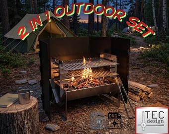Camping Cooking System Bundle DXF, Fire Pit Grill + Stove Windshield, Laser Cut Outdoor Cooking Set, Backpacking BBQ Grill Files