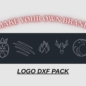 以下が含まれることがあります： ピンク色の「MAKE YOUR OWN BRAND」の文字と、白い線画のロゴが並んだグラフィックデザイン。ロゴには、ライオン、爪痕、炎、鹿、ワシが含まれています。「LOGO DXF PACK」の文字が下にあります。