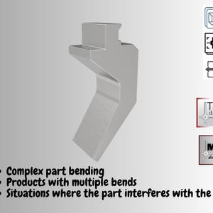 May include: A silver metal die with a complex shape, designed for part bending. The image includes text indicating its use for products with multiple bends and situations where the part interferes with the die. Logos for STP, DWG, PDF, TEC design, and M.H designer are also present.