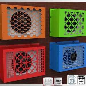 May include: Four colorful air conditioner covers in orange, green, red, and blue, each with a unique decorative front panel design. The covers are mounted on a brick wall, showcasing various geometric and floral patterns.