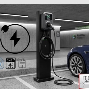 Puede incluir: Una estación de carga para vehículos eléctricos en negro y gris, con un cable de carga y una pantalla digital. Un coche azul está aparcado cerca. La imagen incluye el texto "KANKA POWER" y "TEC design".