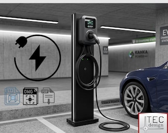 May include: An electric vehicle charging station with a black and gray design. The station has a charging cable and a digital display. A blue car is parked nearby. The image includes the text "KANKA POWER" and "TEC design".