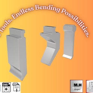 May include: Three silver metal bending tools, with the text "3 Tools. Endless Bending Possibilities" in a curved font. The tools are set against an orange background. Includes file type icons and designer logos.