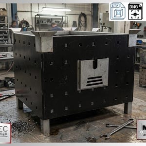 Contenitore industriale in metallo, cassa da officina impilabile in formato DXF DWG STEP, progetti per scatole di stoccaggio in lamiera, design per pressa piegatrice tagliata al laser