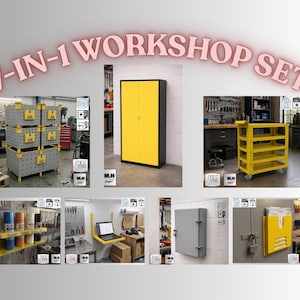 May include: A 7-in-1 workshop set featuring various storage and organizational solutions. Includes a yellow and black cabinet, a rolling cart, and wall-mounted shelves. The image also shows a gray storage box and a yellow wall-mounted file holder.