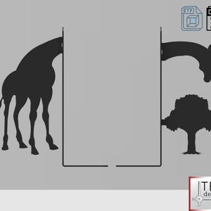 May include: Black silhouette of a giraffe, tree, and architectural elements on a gray background. The giraffe is depicted in profile, with its long neck and legs. The tree is a simple outline. The image includes the text "TEC design".