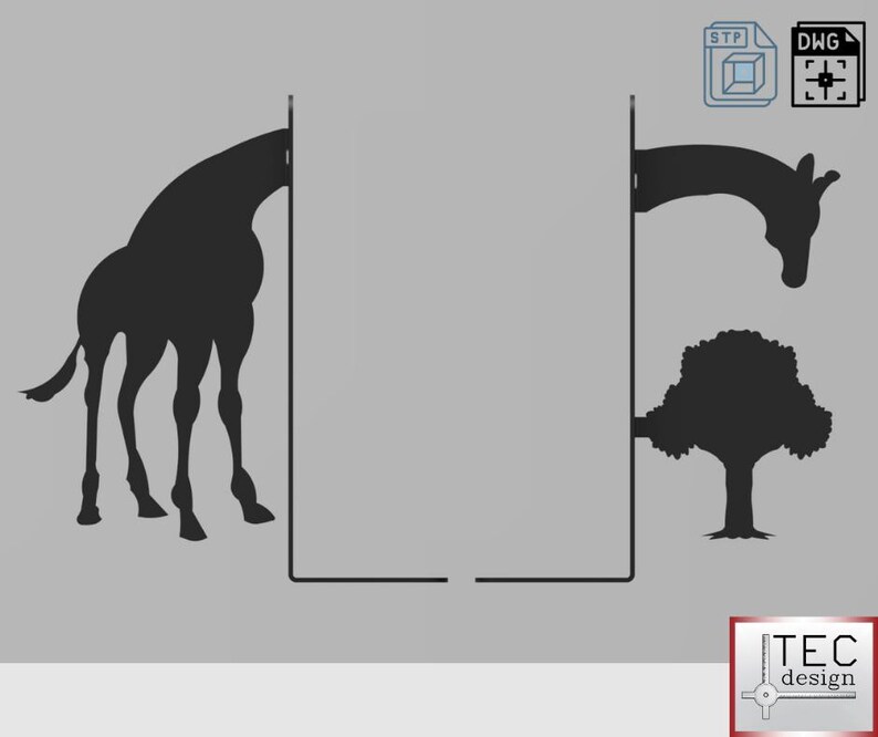 May include: Black silhouette of a giraffe, tree, and architectural elements on a gray background. The giraffe is depicted in profile, with its long neck and legs. The tree is a simple outline. The image includes the text "TEC design".