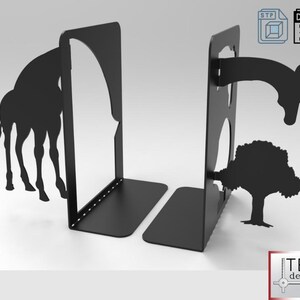 May include: Black metal bookends featuring a giraffe silhouette. One bookend shows the giraffe's body, the other its head and a tree. The bookends are designed to hold books upright and add a decorative touch to a bookshelf.