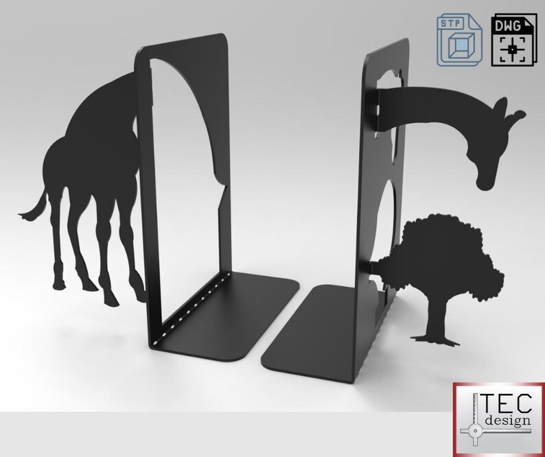 May include: Black metal bookends featuring a giraffe silhouette. One bookend shows the giraffe's body, the other its head and a tree. The bookends are designed to hold books upright and add a decorative touch to a bookshelf.