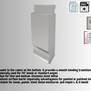 May include: A 3D rendering of a silver-colored metal tool with a curved bottom edge. The tool has a rectangular top section and is designed for bending sheet metal. Text on the image includes file type icons and the names "M.H designer" and "TEC design."