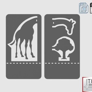 May include: Two gray rectangular designs with white outlines. One features a giraffe silhouette, the other a giraffe head and a tree. The designs include file type icons and the "TEC design" logo.