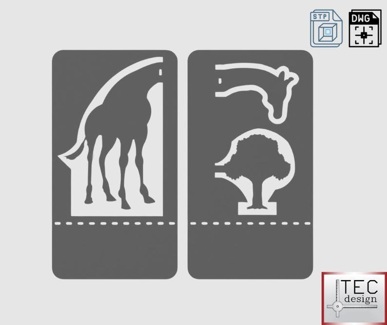 May include: Two gray rectangular designs with white outlines. One features a giraffe silhouette, the other a giraffe head and a tree. The designs include file type icons and the "TEC design" logo.