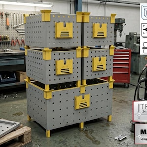 Planos de contenedores de almacenamiento apilables de metal, archivos DXF y DWG para cajas de almacenamiento industrial, diseño de cajas modulares para almacén, corte láser y plegado con prensa.