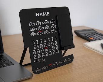 Calendario de escritorio moderno y soporte para teléfono / Marcador rojo ajustable / Incluye dibujo 3D Step + DWG
